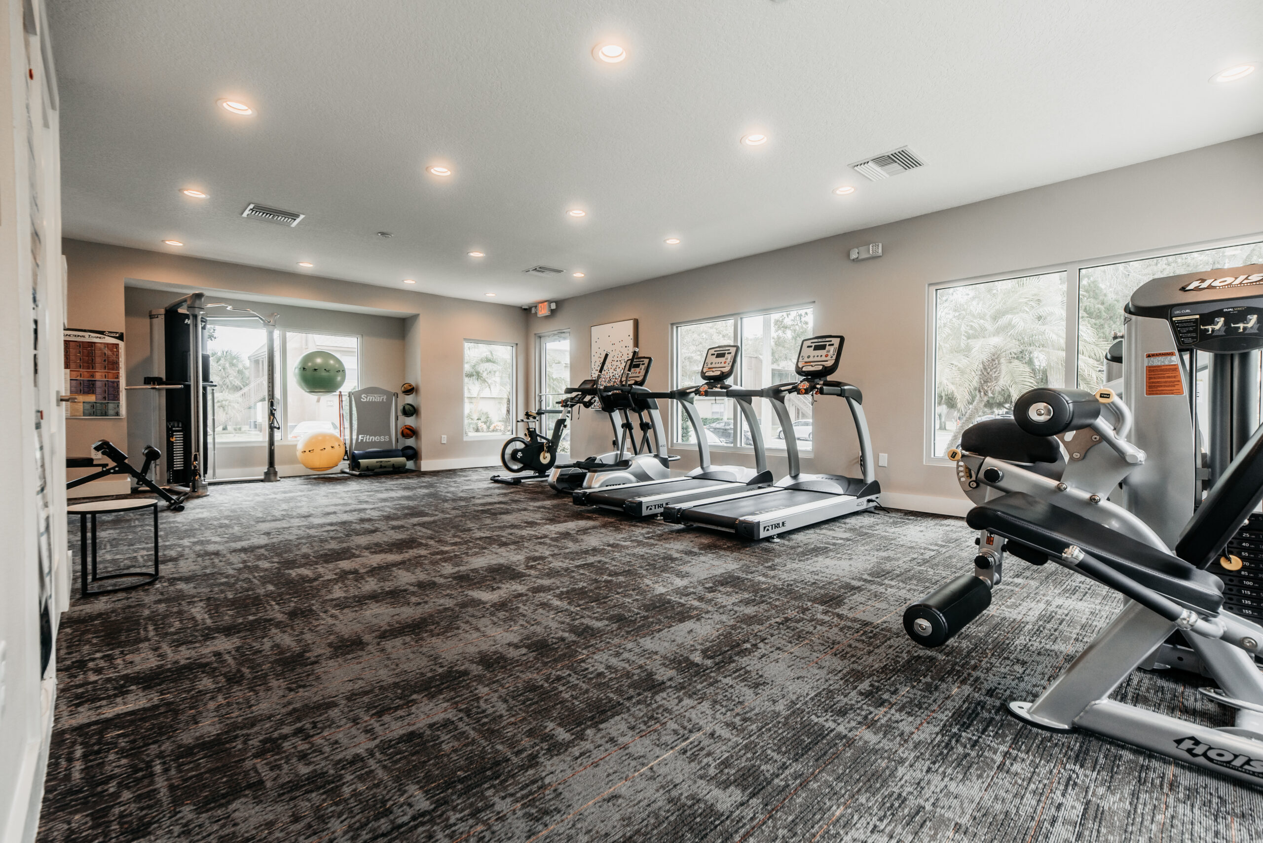 Exercise room with medicine balls, standing bike, elliptical, two treadmills and weightlifting equipment