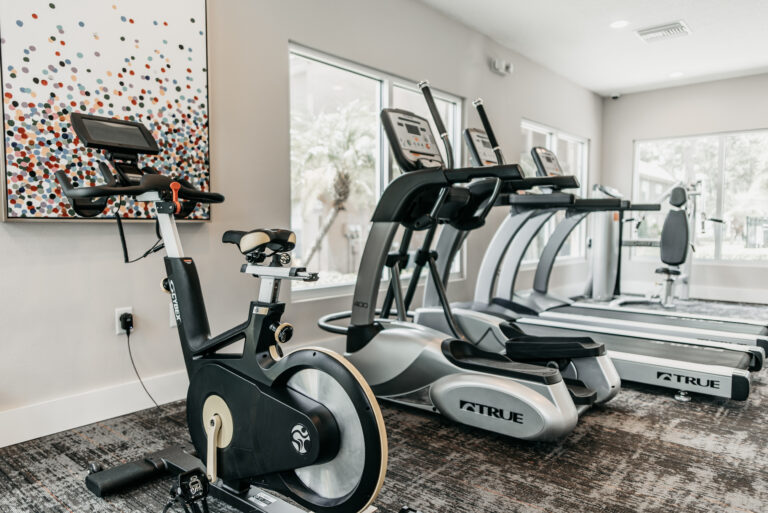 Standing bike, elliptical and two treadmills that look out large windows