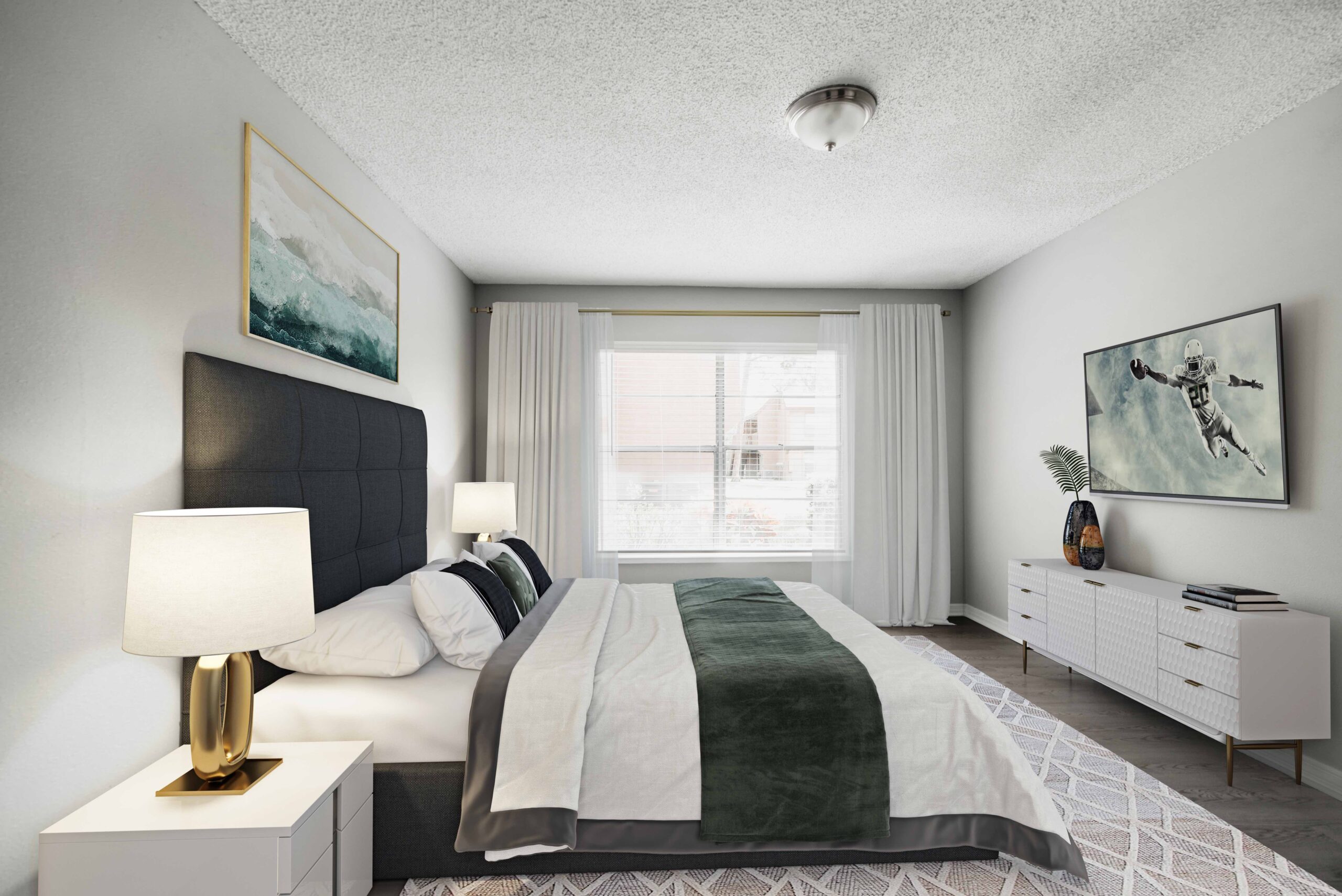 bedroom with queen bed two side tables with a large window in background