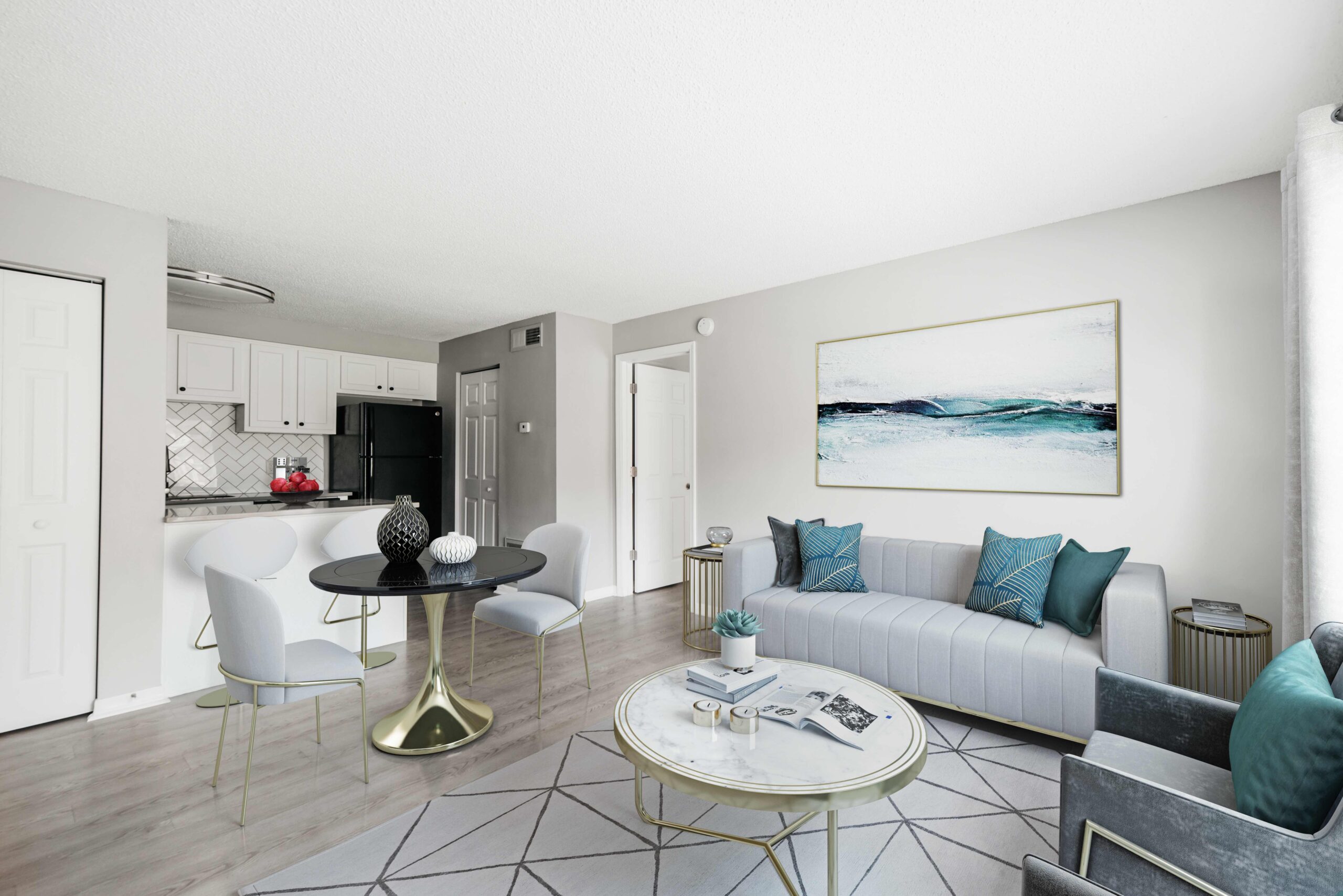 Living room with hardwood styles floors and open plan to kitchen