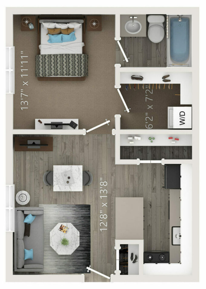 Digital rendering of A1 - 650 square foot floor plan