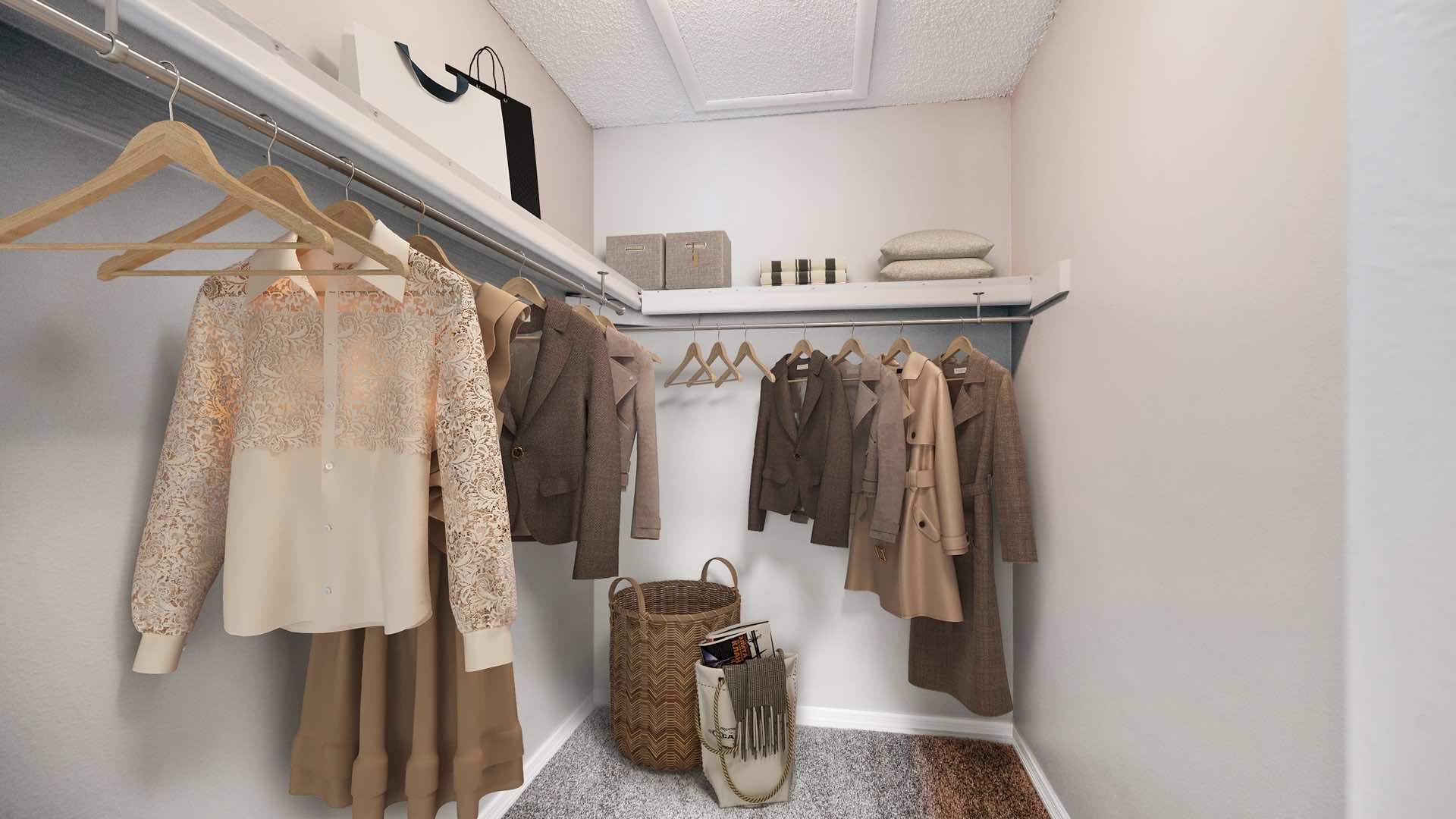 spacious walk-in closet with clothes hanging and shelving